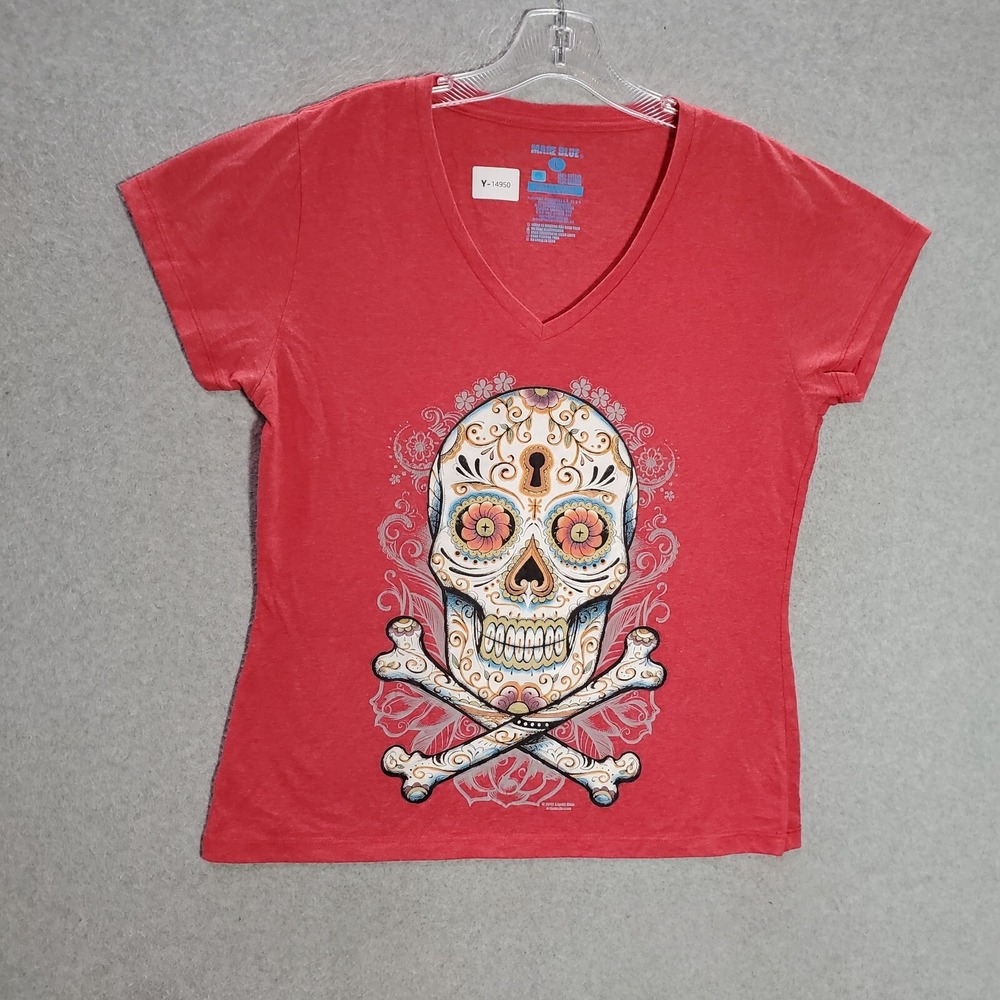 Liquid Blue Women Top Large Red T-Shirt Day Of The Dead Skull Graphic V Neck Tee